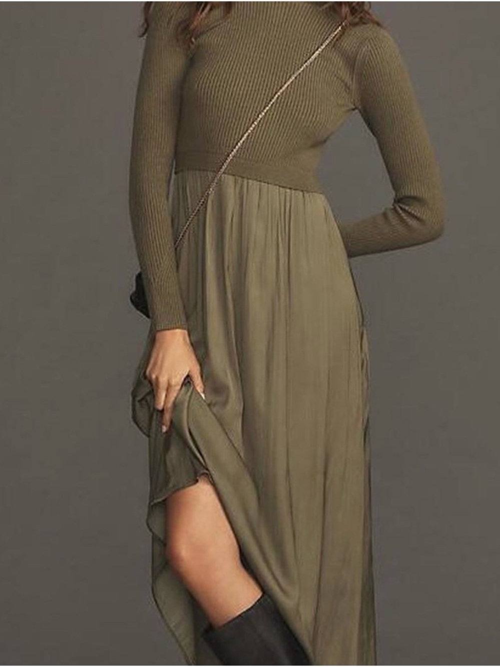 Anthropologie Twofer Olive Long Sleeve Ribbed Top Maxi Dress